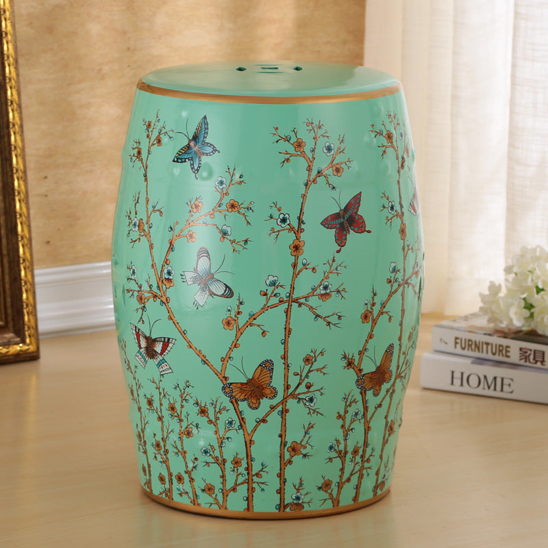 Traditional European Ceramic Hand Painted Bird Flower Drum Cylinder Footstool Backless For Living Room