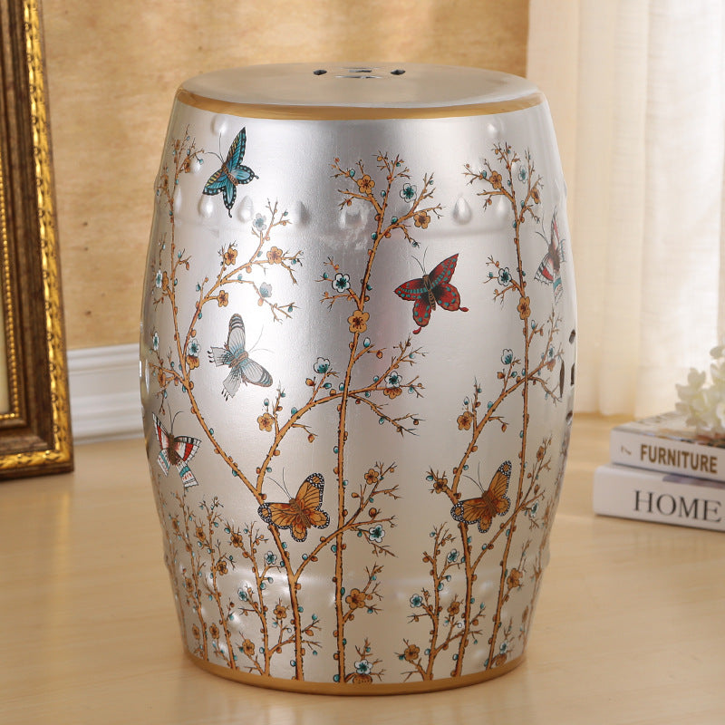 Traditional European Ceramic Hand Painted Bird Flower Drum Cylinder Footstool Backless For Living Room