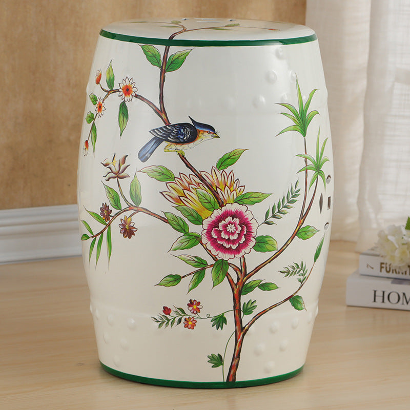 Traditional European Ceramic Hand Painted Bird Flower Drum Cylinder Footstool Backless For Living Room