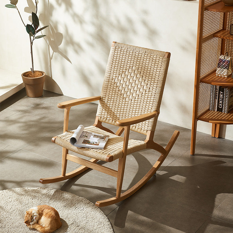 Traditional Japanese Weaving Ash Wood Rattan Rectangular Rocking Chair Recliner Armrest Footstool For Living Room