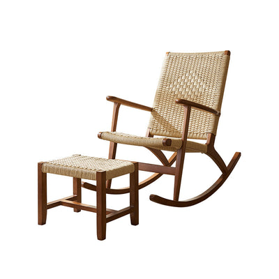 Traditional Japanese Weaving Ash Wood Rattan Rectangular Rocking Chair Recliner Armrest Footstool For Living Room
