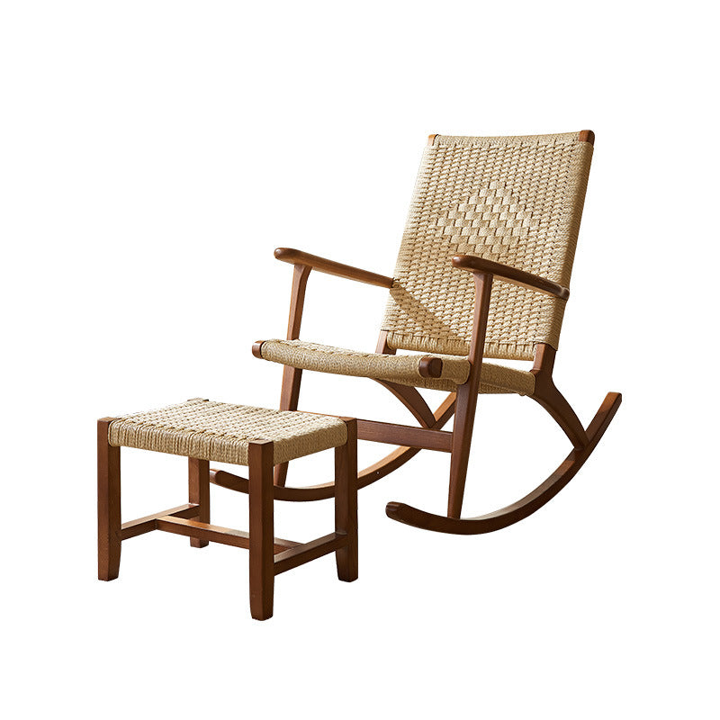 Traditional Japanese Weaving Ash Wood Rattan Rectangular Rocking Chair Recliner Armrest Footstool For Living Room