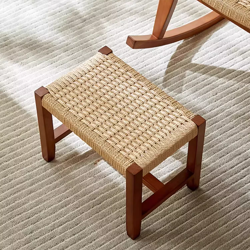 Traditional Japanese Weaving Ash Wood Rattan Rectangular Rocking Chair Recliner Armrest Footstool For Living Room