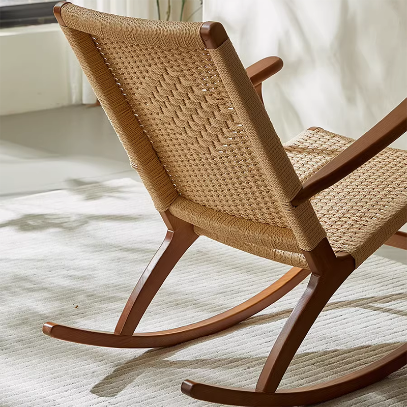 Traditional Japanese Weaving Ash Wood Rattan Rectangular Rocking Chair Recliner Armrest Footstool For Living Room