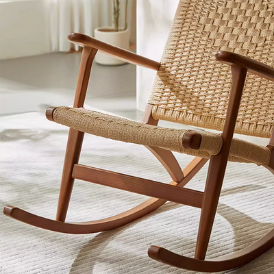Traditional Japanese Weaving Ash Wood Rattan Rectangular Rocking Chair Recliner Armrest Footstool For Living Room