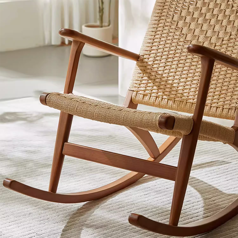 Traditional Japanese Weaving Ash Wood Rattan Rectangular Rocking Chair Recliner Armrest Footstool For Living Room