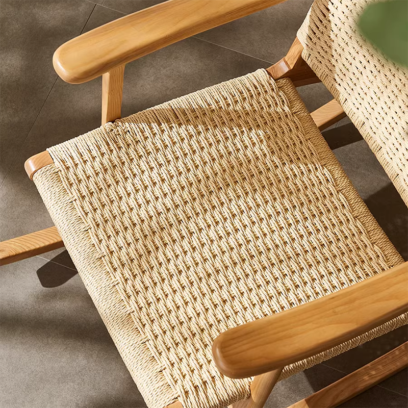 Traditional Japanese Weaving Ash Wood Rattan Rectangular Rocking Chair Recliner Armrest Footstool For Living Room