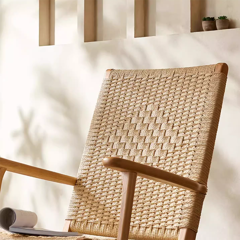 Traditional Japanese Weaving Ash Wood Rattan Rectangular Rocking Chair Recliner Armrest Footstool For Living Room