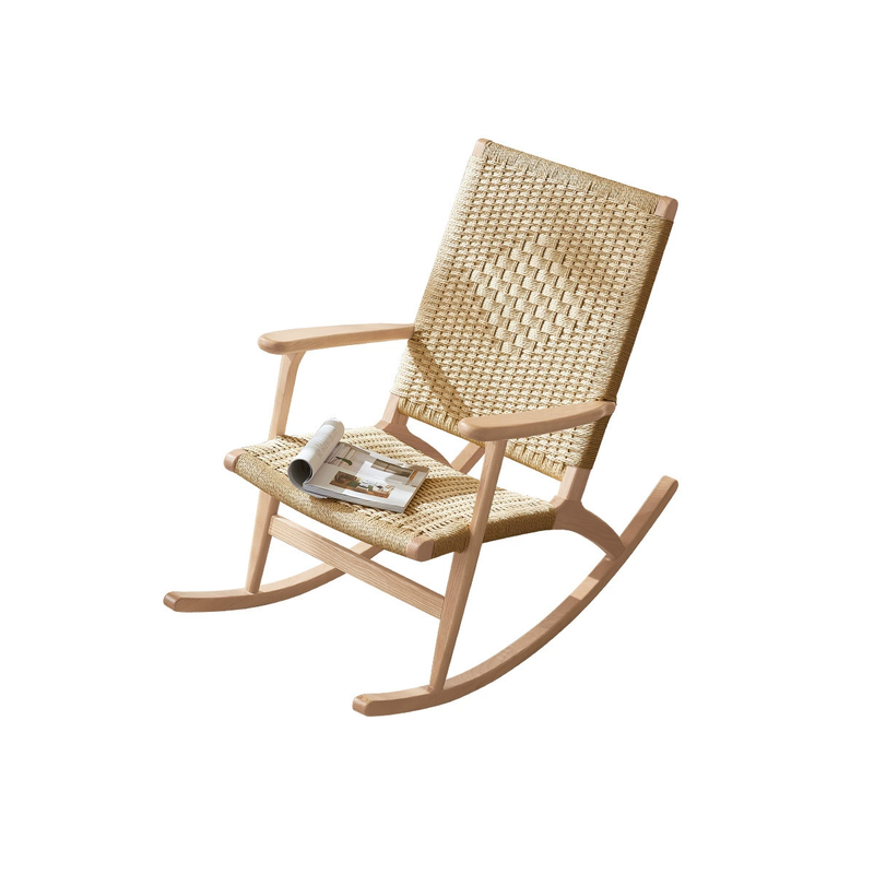 Traditional Japanese Weaving Ash Wood Rattan Rectangular Rocking Chair Recliner Armrest Footstool For Living Room