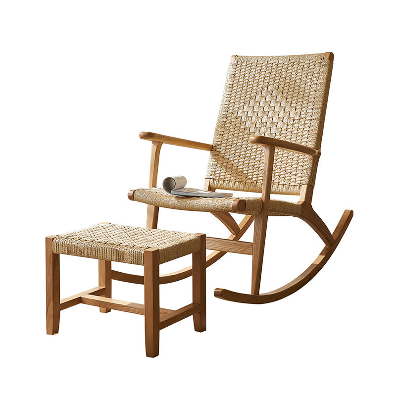 Traditional Japanese Weaving Ash Wood Rattan Rectangular Rocking Chair Recliner Armrest Footstool For Living Room