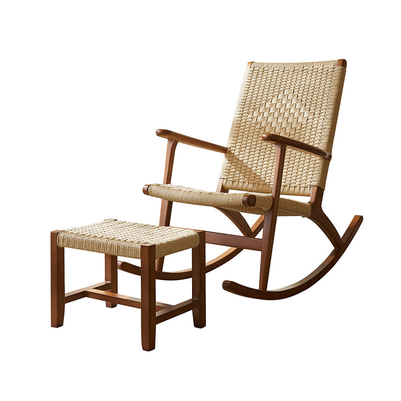 Traditional Japanese Weaving Ash Wood Rattan Rectangular Rocking Chair Recliner Armrest Footstool For Living Room