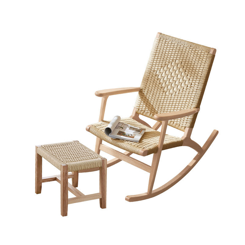 Traditional Japanese Weaving Ash Wood Rattan Rectangular Rocking Chair Recliner Armrest Footstool For Living Room
