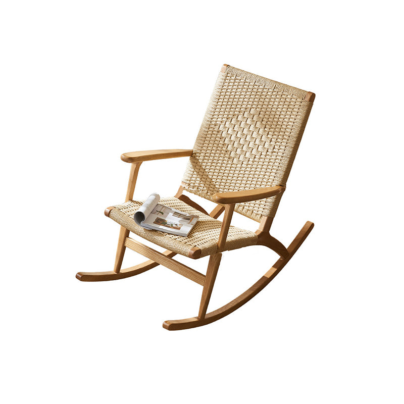 Traditional Japanese Weaving Ash Wood Rattan Rectangular Rocking Chair Recliner Armrest Footstool For Living Room