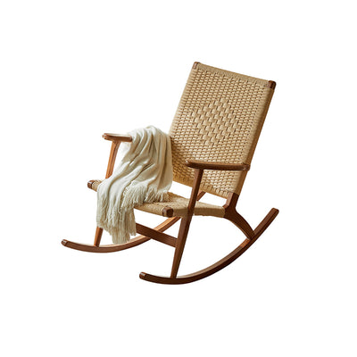 Traditional Japanese Weaving Ash Wood Rattan Rectangular Rocking Chair Recliner Armrest Footstool For Living Room