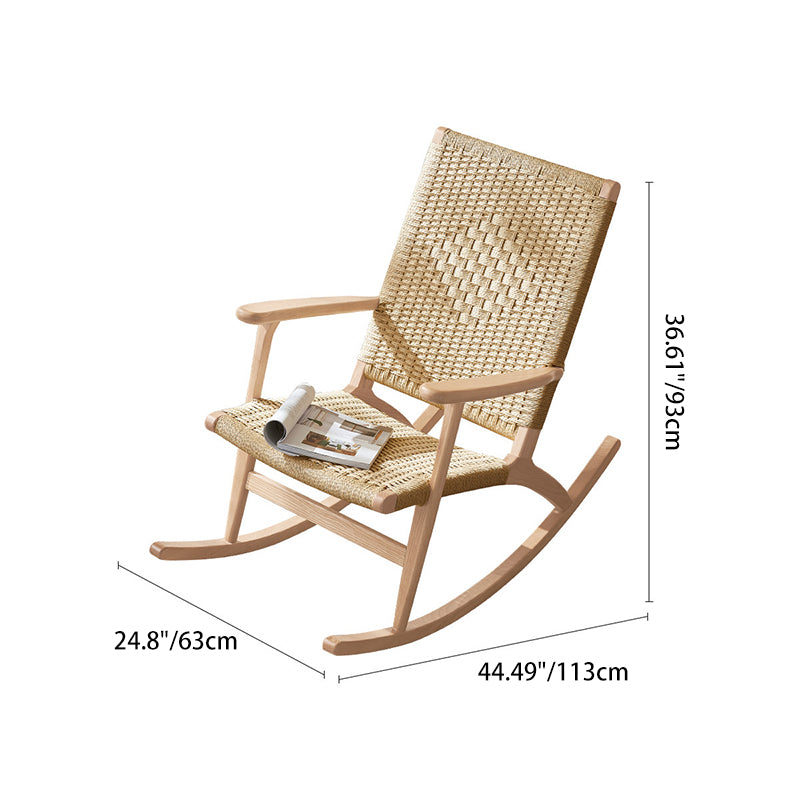 Traditional Japanese Weaving Ash Wood Rattan Rectangular Rocking Chair Recliner Armrest Footstool For Living Room