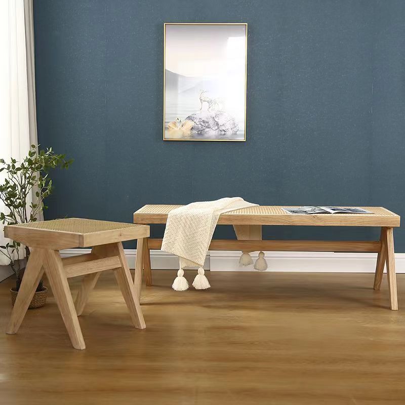 Tissage japonais traditionnel en bois de caoutchouc et rotin Tabouret bas rectangulaire carré sans dossier pour salle à manger 
