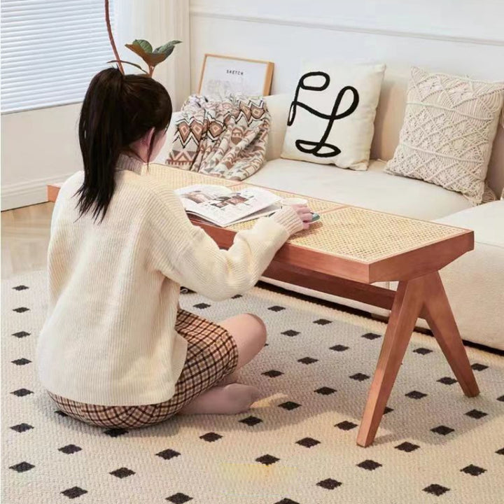 Tissage japonais traditionnel en bois de caoutchouc et rotin Tabouret bas rectangulaire carré sans dossier pour salle à manger 