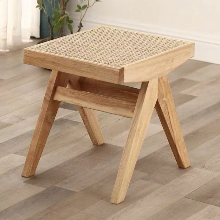 Tissage japonais traditionnel en bois de caoutchouc et rotin Tabouret bas rectangulaire carré sans dossier pour salle à manger 