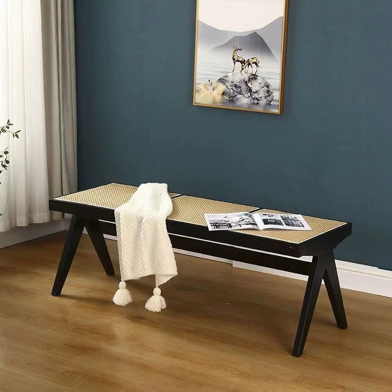Tissage japonais traditionnel en bois de caoutchouc et rotin Tabouret bas rectangulaire carré sans dossier pour salle à manger 