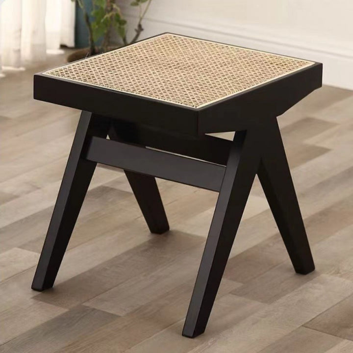 Tissage japonais traditionnel en bois de caoutchouc et rotin Tabouret bas rectangulaire carré sans dossier pour salle à manger 