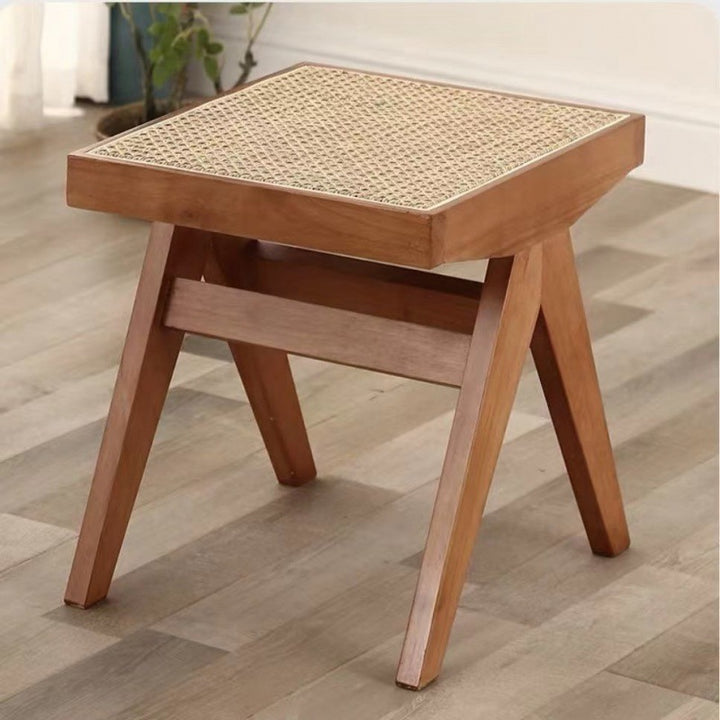 Tissage japonais traditionnel en bois de caoutchouc et rotin Tabouret bas rectangulaire carré sans dossier pour salle à manger 