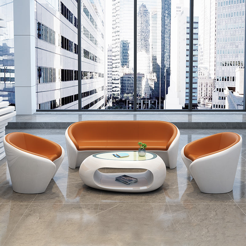 Contemporary Scandinavian Leather Fiberglass Oval Accent Chair & Table Set For Living Room