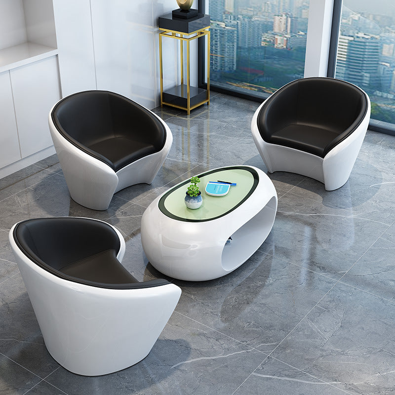Contemporary Scandinavian Leather Fiberglass Oval Accent Chair & Table Set For Living Room
