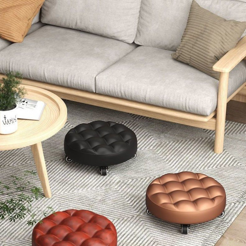 Contemporary Retro Leather Sponge Plate Bread Round Low Stool Backless Movable For Entryway