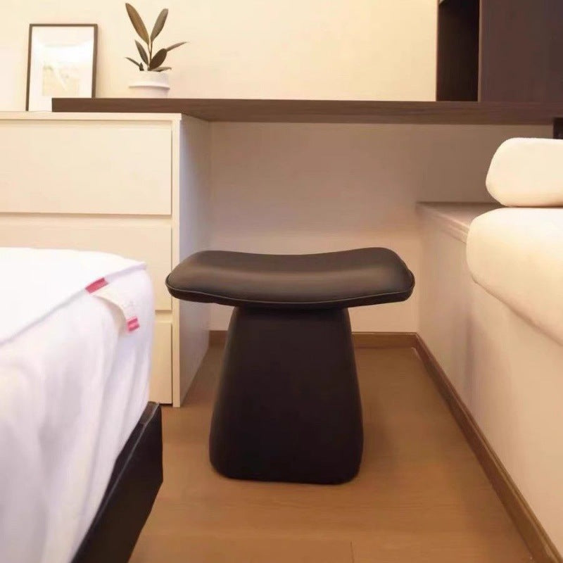 Contemporary Scandinavian Leather Wood Sponge Rectangular Curved Vanity Stool Backless For Bedroom