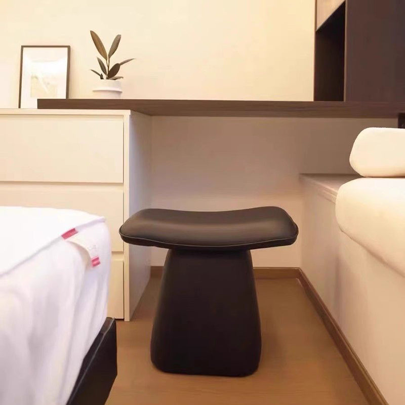 Contemporary Scandinavian Leather Wood Sponge Rectangular Curved Vanity Stool Backless For Bedroom