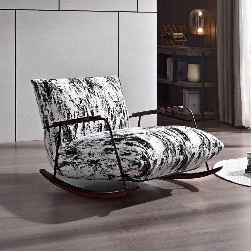 Traditional French Fabric Iron Sponge Square Ink Painting Rocking Chair Recliner Footrest Armrest For Living Room