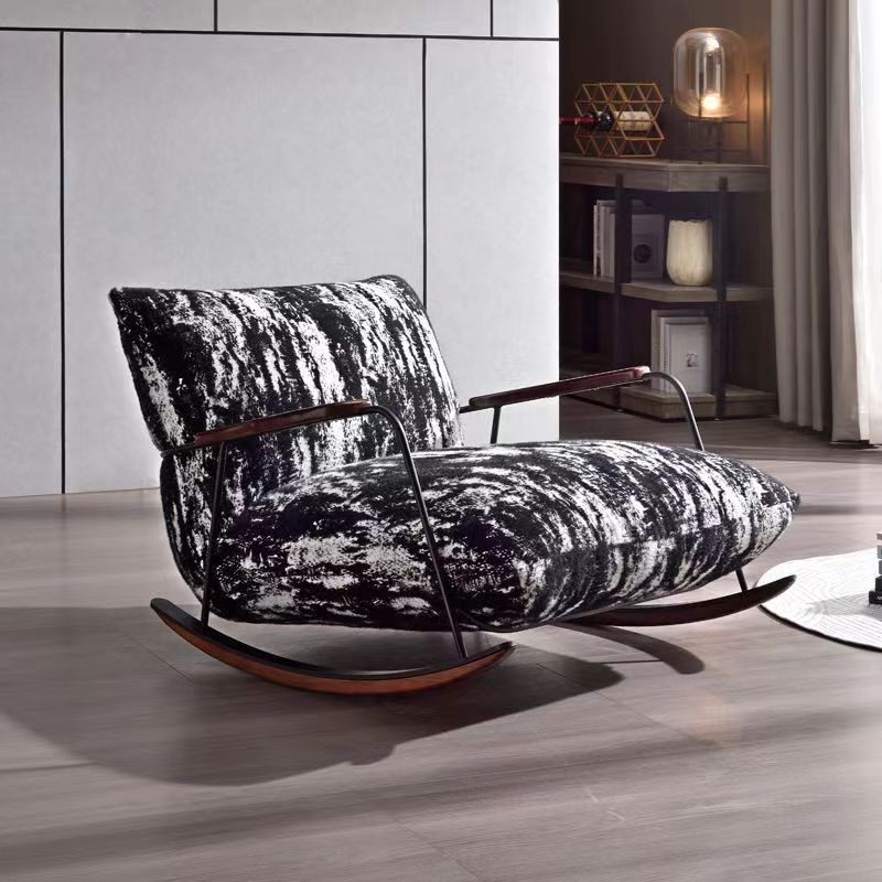 Traditional French Fabric Iron Sponge Square Ink Painting Rocking Chair Recliner Footrest Armrest For Living Room