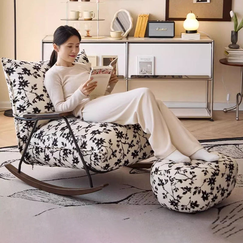 Traditional French Fabric Iron Sponge Square Ink Painting Rocking Chair Recliner Footrest Armrest For Living Room