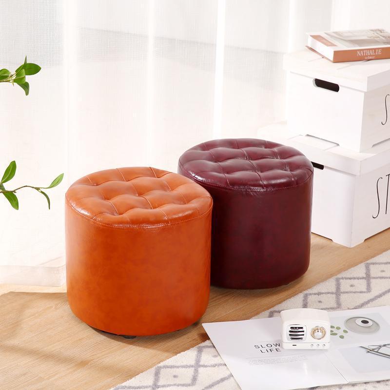 Modern Simplicity Leather Wood Sponge Round Square Footstool Backless For Living Room