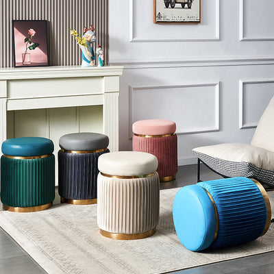 Contemporary Scandinavian Velvet Wood Stainless Steel Sponge Round Striped Vanity Stool Backless For Bedroom