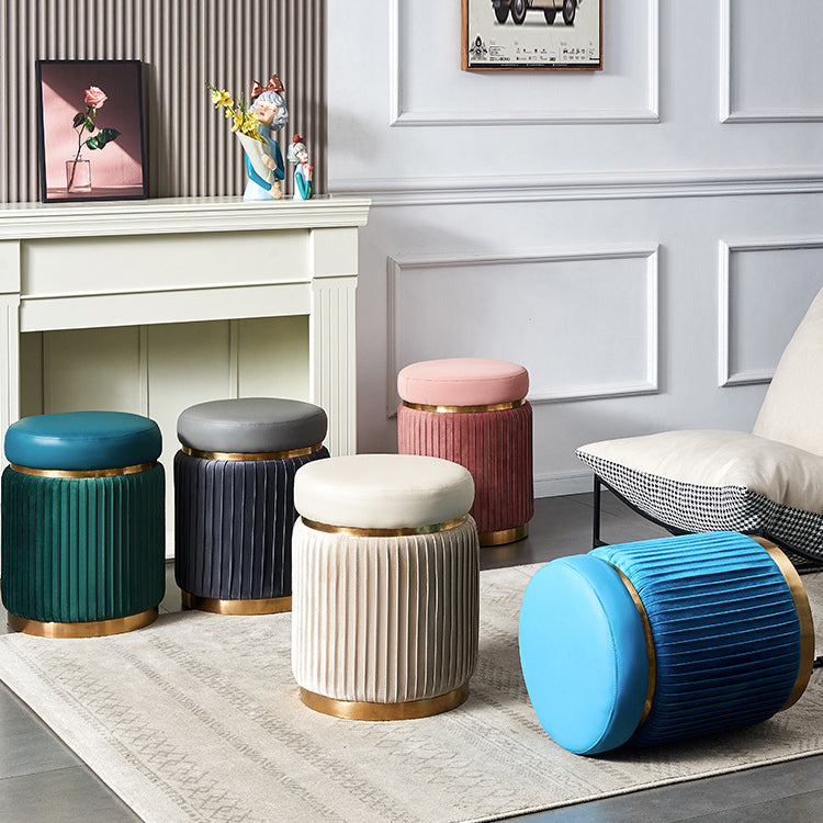 Contemporary Scandinavian Velvet Wood Stainless Steel Sponge Round Striped Vanity Stool Backless For Bedroom