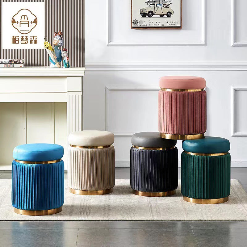 Contemporary Scandinavian Velvet Wood Stainless Steel Sponge Round Striped Vanity Stool Backless For Bedroom