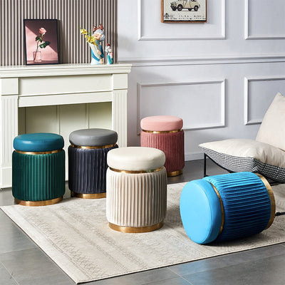 Contemporary Scandinavian Velvet Wood Stainless Steel Sponge Round Striped Vanity Stool Backless For Bedroom