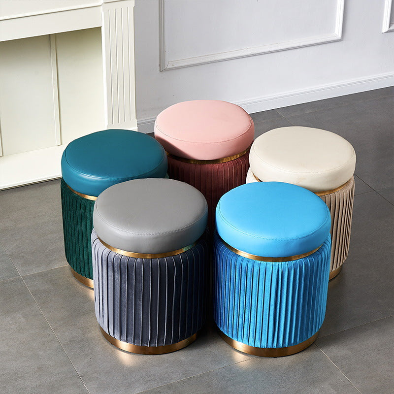 Contemporary Scandinavian Velvet Wood Stainless Steel Sponge Round Striped Vanity Stool Backless For Bedroom