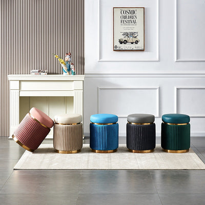 Contemporary Scandinavian Velvet Wood Stainless Steel Sponge Round Striped Vanity Stool Backless For Bedroom