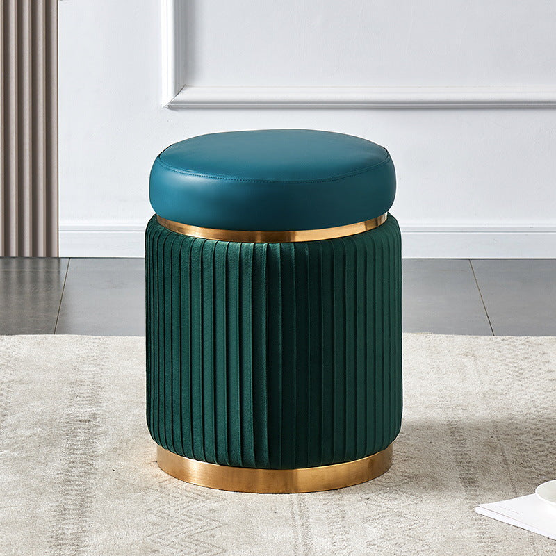 Contemporary Scandinavian Velvet Wood Stainless Steel Sponge Round Striped Vanity Stool Backless For Bedroom