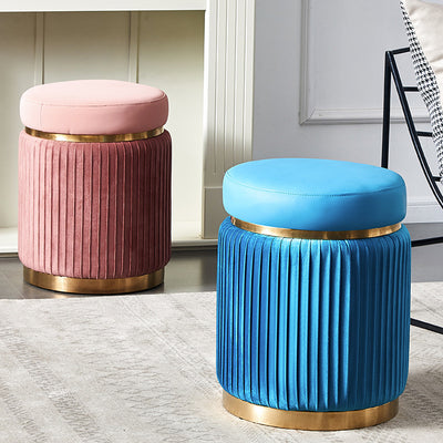 Contemporary Scandinavian Velvet Wood Stainless Steel Sponge Round Striped Vanity Stool Backless For Bedroom