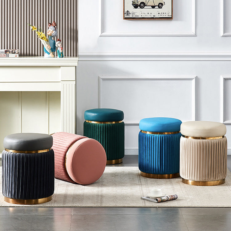 Contemporary Scandinavian Velvet Wood Stainless Steel Sponge Round Striped Vanity Stool Backless For Bedroom