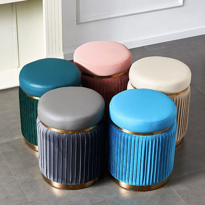 Contemporary Scandinavian Velvet Wood Stainless Steel Sponge Round Striped Vanity Stool Backless For Bedroom