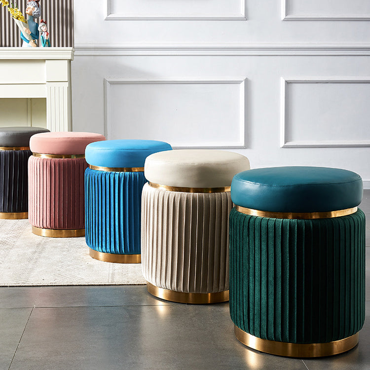 Contemporary Scandinavian Velvet Wood Stainless Steel Sponge Round Striped Vanity Stool Backless For Bedroom