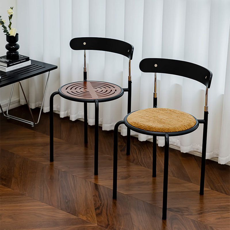 Zeitgenössischer Retro-Esszimmerstuhl aus Sperrholz, Stoff und Karbonstahl mit runder Rückenlehne für das Esszimmer 
