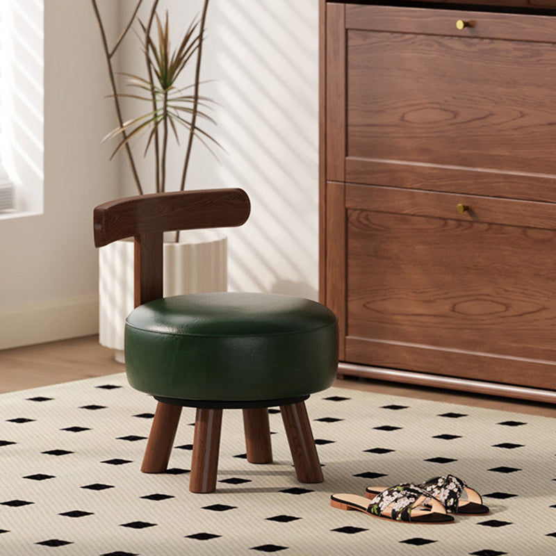 Contemporary Retro Oil-waxed Leather Wood Sponge Round Low Stool Swivel Backrest For Living Room