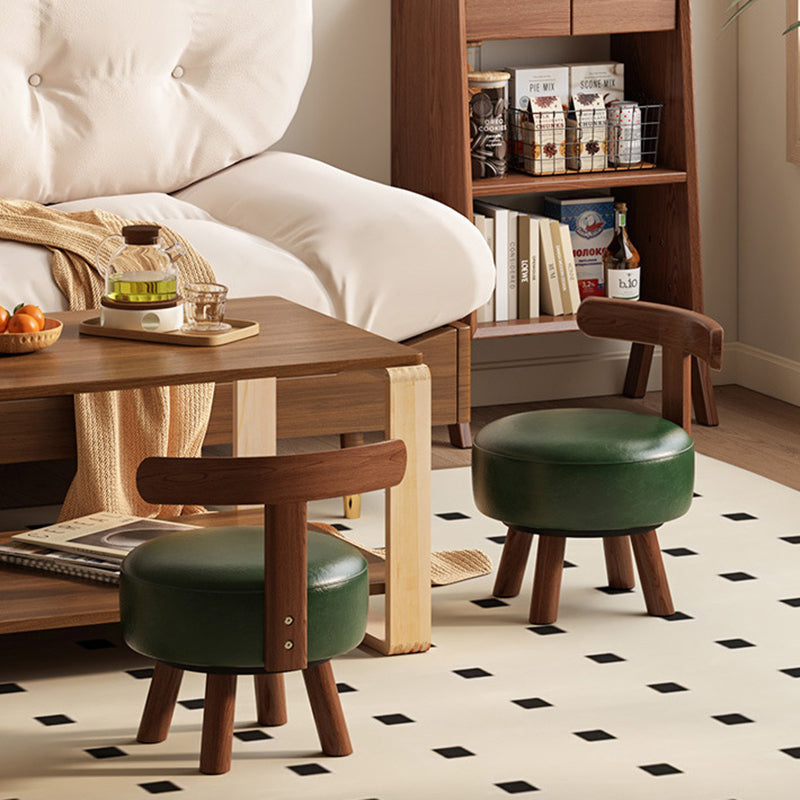 Contemporary Retro Oil-waxed Leather Wood Sponge Round Low Stool Swivel Backrest For Living Room