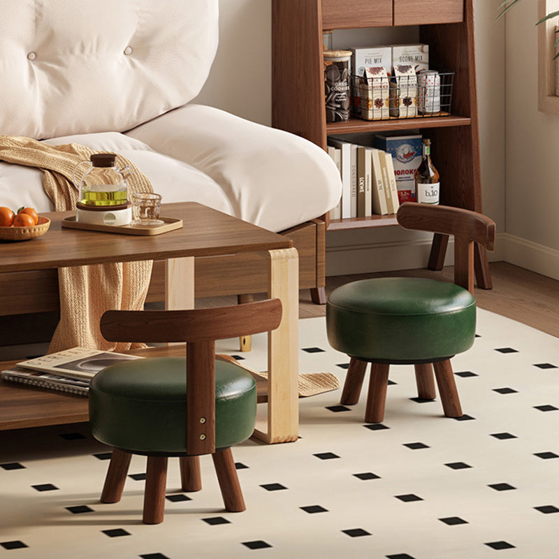 Contemporary Retro Oil-waxed Leather Wood Sponge Round Low Stool Swivel Backrest For Living Room