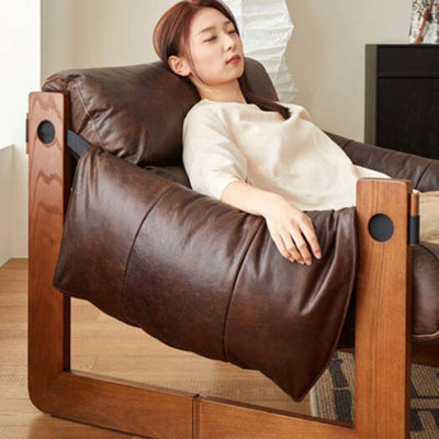 Contemporary Retro Leather Ash Wood Cotton Down Square Accent Chair Backrest Armrest For Living Room